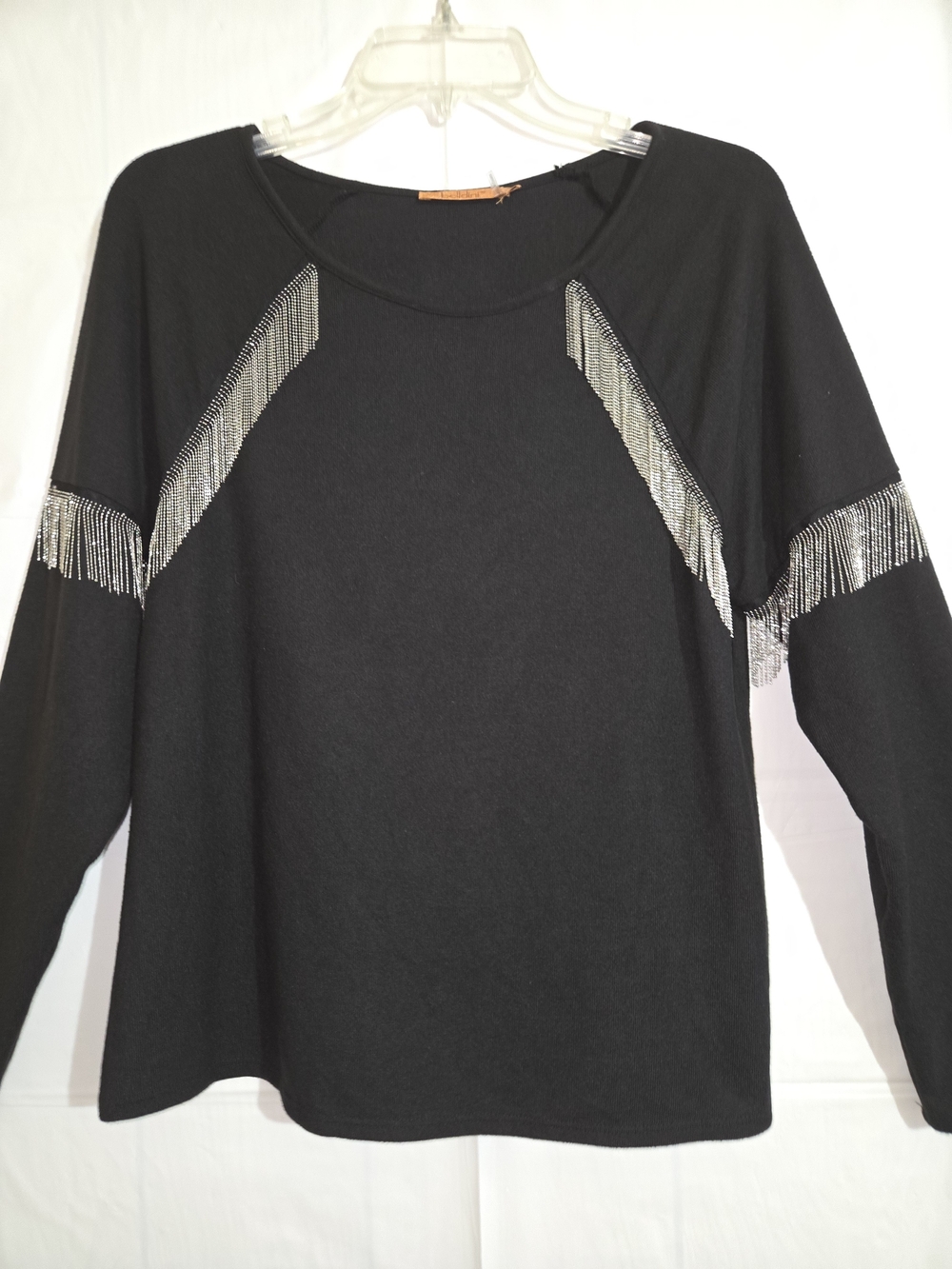 Belldini Black Long Sleeve Top with Silver Fringe Trim